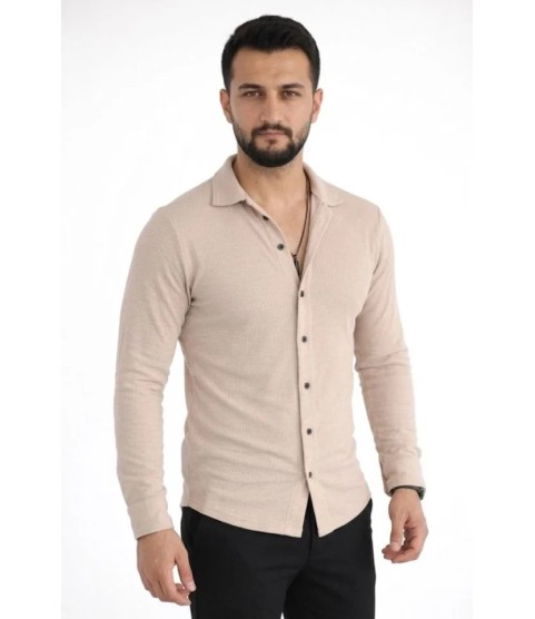 Erkek Waffle Kumaş Uzun Kollu Düğmeli Açık Yaka Regular Fit Gömlek - Bej