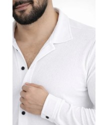 Erkek Waffle Kumaş Uzun Kollu Düğmeli Açık Yaka Regular Fit Gömlek - Beyaz