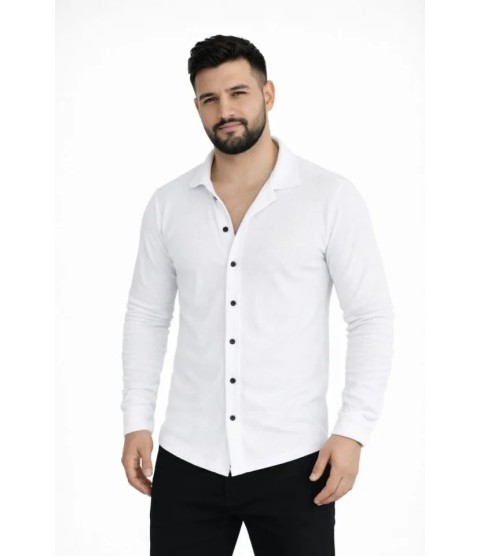 Erkek Waffle Kumaş Uzun Kollu Düğmeli Açık Yaka Regular Fit Gömlek - Beyaz