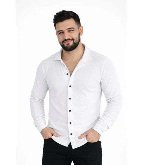 Erkek Waffle Kumaş Uzun Kollu Düğmeli Açık Yaka Regular Fit Gömlek - Beyaz