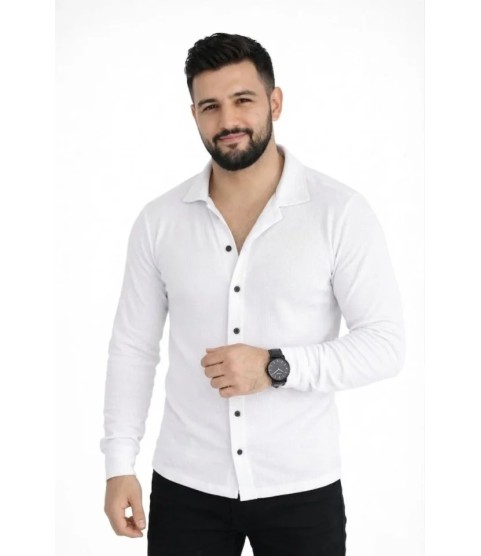 Erkek Waffle Kumaş Uzun Kollu Düğmeli Açık Yaka Regular Fit Gömlek - Beyaz