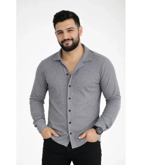 Erkek Waffle Kumaş Uzun Kollu Düğmeli Açık Yaka Regular Fit Gömlek - Füme