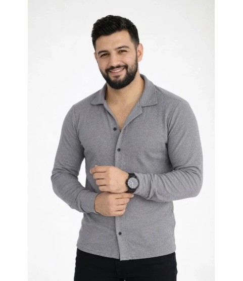Erkek Waffle Kumaş Uzun Kollu Düğmeli Açık Yaka Regular Fit Gömlek - Füme