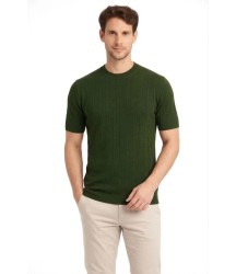 Erkek Yazlık Fitilli Triko Tişört Kısa Kol Bisiklet Yaka T-Shirt - Haki