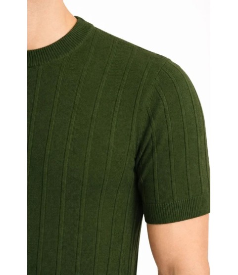 Erkek Yazlık Fitilli Triko Tişört Kısa Kol Bisiklet Yaka T-Shirt - Haki