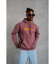Erkek 3 İplik Pamuklu Kapüşonlu Baskılı Cepli Oversize Sweatshirt Hoodie - Gül Kurusu