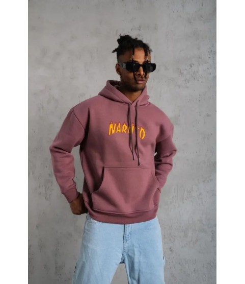 Erkek 3 İplik Pamuklu Kapüşonlu Baskılı Cepli Oversize Sweatshirt Hoodie - Gül Kurusu