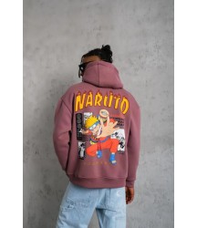 Erkek 3 İplik Pamuklu Kapüşonlu Baskılı Cepli Oversize Sweatshirt Hoodie - Gül Kurusu