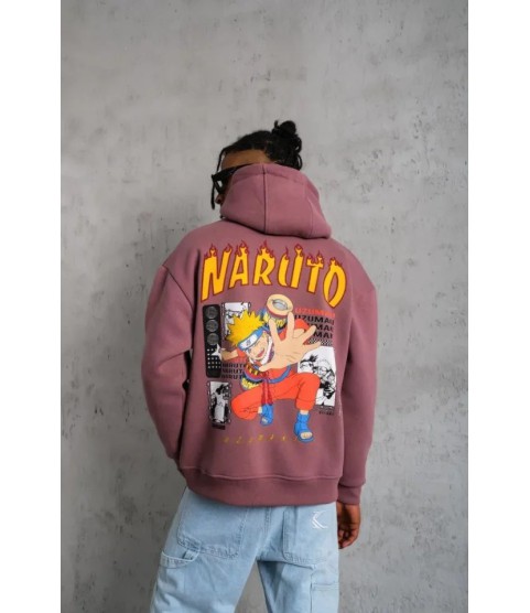 Erkek 3 İplik Pamuklu Kapüşonlu Baskılı Cepli Oversize Sweatshirt Hoodie - Gül Kurusu