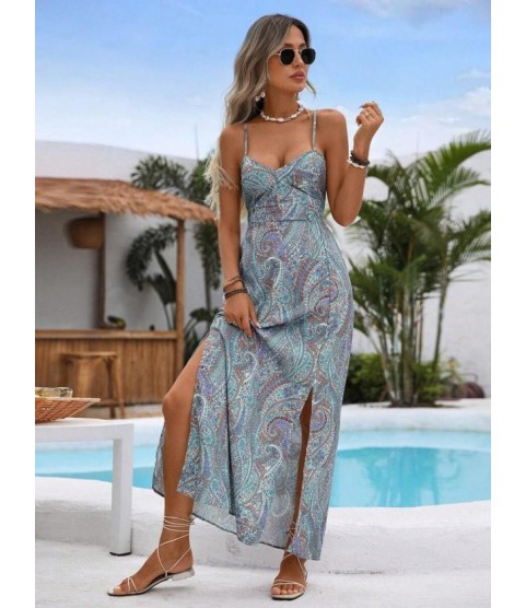 Kadın Ip Askılı Arkadan çapraz Kesim Detaylı Uzun Desenli Süprem Elbise