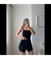 Straplez Mini Etek Görünümlü Şortlu Elbise Büzgülü Şık Yazlık - Siyah