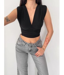 Vatkalı Kolsuz V Yaka Drapeli Crop Bluz Likralı Fit - Siyah
