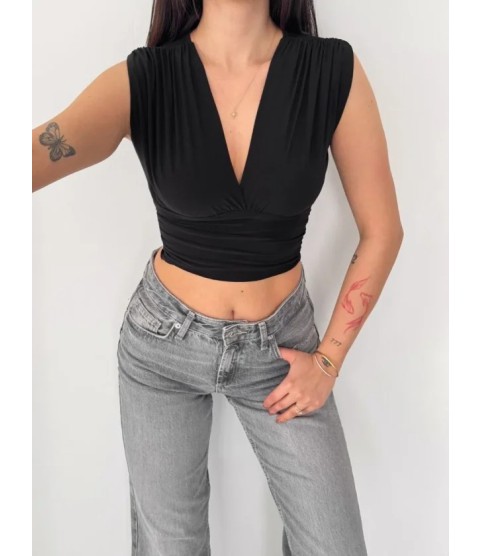 Vatkalı Kolsuz V Yaka Drapeli Crop Bluz Likralı Fit - Siyah