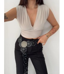 Vatkalı Kolsuz V Yaka Drapeli Crop Bluz Likralı Fit - Boyalı Gri