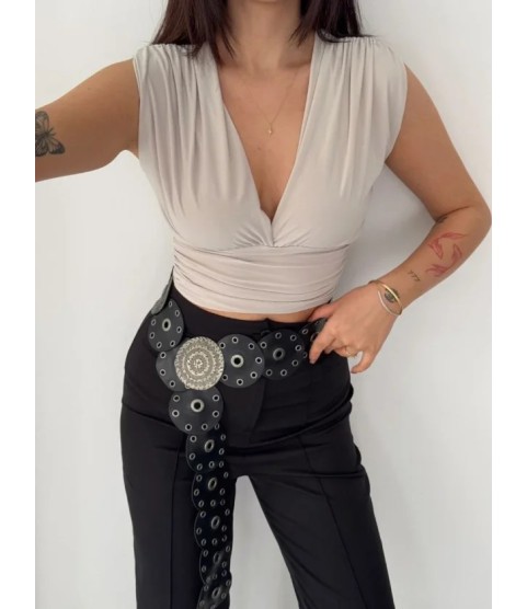 Vatkalı Kolsuz V Yaka Drapeli Crop Bluz Likralı Fit - Boyalı Gri