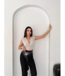 Vatkalı Kolsuz V Yaka Drapeli Crop Bluz Likralı Fit - Boyalı Gri