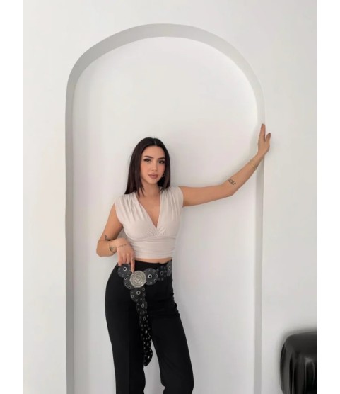 Vatkalı Kolsuz V Yaka Drapeli Crop Bluz Likralı Fit - Boyalı Gri Vatkalı Kolsuz V Yaka Drapeli Crop Bluz Likralı Fit - Boyalı Gri