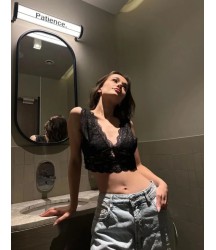 Dantel Bralet Crop Sütyen V Yaka Askılı Şık Esnek Rahat - Siyah