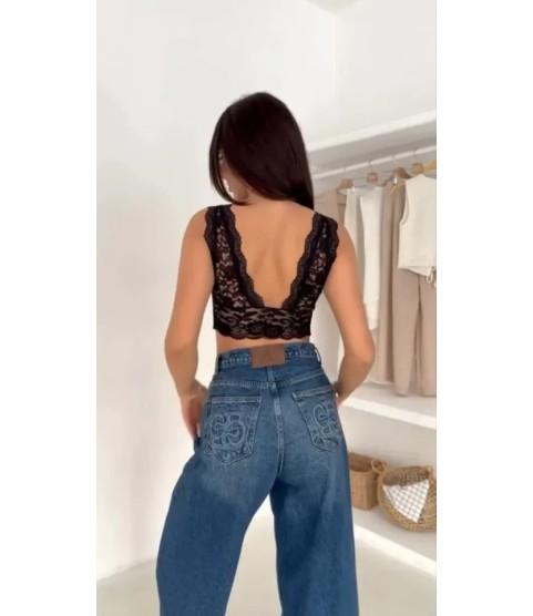 Dantel Bralet Crop Sütyen V Yaka Askılı Şık Esnek Rahat - Siyah Dantel Bralet Crop Sütyen V Yaka Askılı Şık Esnek Rahat - Siyah