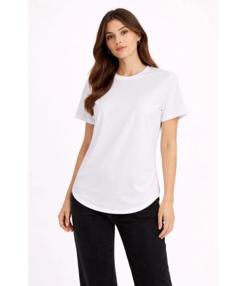 Basic T-Shirt Kısa Kol Bisiklet Yaka Oval Kesim Tişört - Beyaz