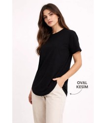 Basic T-Shirt Kısa Kol Bisiklet Yaka Oval Kesim Tişört - Siyah