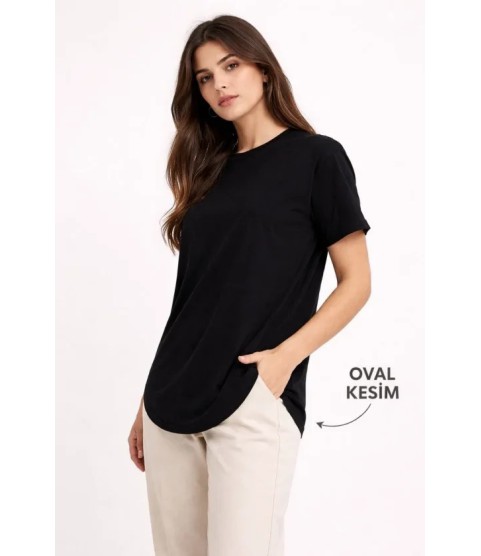Basic T-Shirt Kısa Kol Bisiklet Yaka Oval Kesim Tişört - Siyah