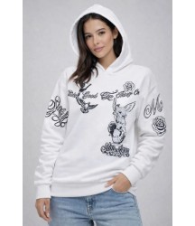 3 İplik Pamuklu Kapüşonlu Baskılı SweatShirt Hoodie - Beyaz