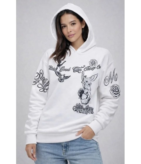 3 İplik Pamuklu Kapüşonlu Baskılı SweatShirt Hoodie - Beyaz