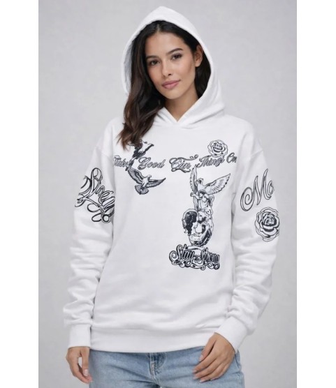 3 İplik Pamuklu Kapüşonlu Baskılı SweatShirt Hoodie - Beyaz 3 İplik Pamuklu Kapüşonlu Baskılı SweatShirt Hoodie - Beyaz