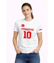 TÜRKİYE Ay Yıldız Baskılı 10 Numara Forma Tişört Taraftar T-Shirt - Beyaz