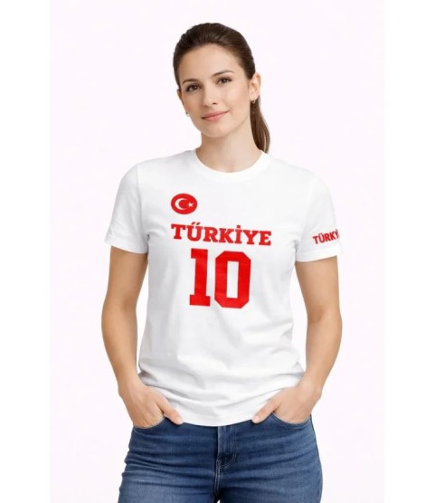 TÜRKİYE Ay Yıldız Baskılı 10 Numara Forma Tişört Taraftar T-Shirt - Beyaz