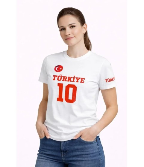 TÜRKİYE Ay Yıldız Baskılı 10 Numara Forma Tişört Taraftar T-Shirt - Beyaz