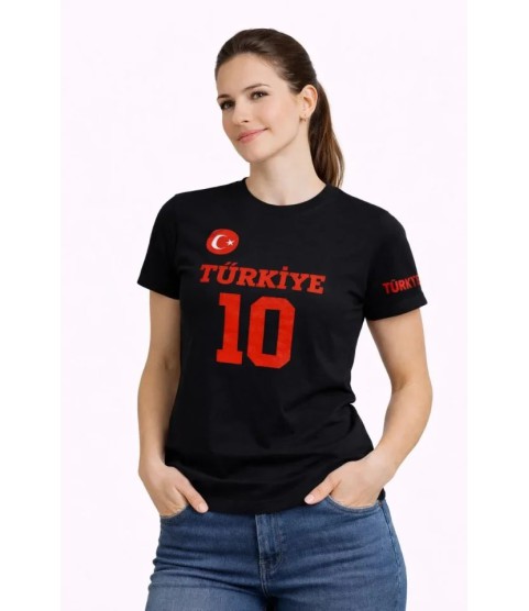 TÜRKİYE Ay Yıldız Baskılı 10 Numara Forma Tişört Taraftar T-Shirt - Siyah
