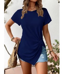 Kadın Kısa Kollu Bisiklet Yaka Asimetrik Kesim Detaylı Viskon Bluz