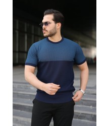 Erkek Renk Bloklu Bisiklet Yaka Kısa Kollu Triko Tişört