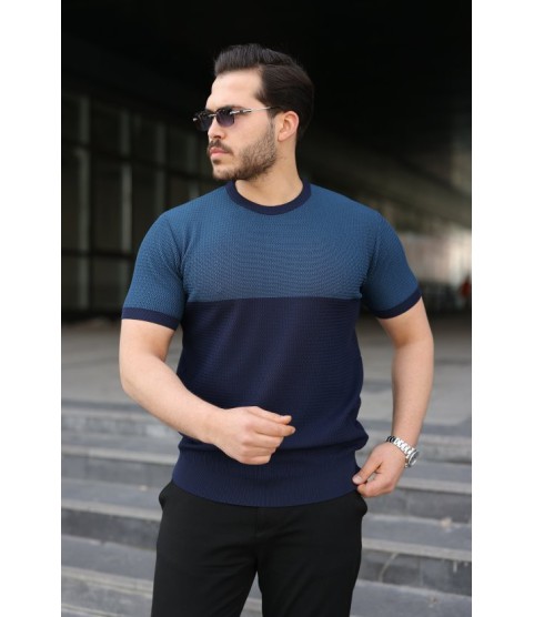 Erkek Renk Bloklu Bisiklet Yaka Kısa Kollu Triko Tişört