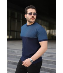 Erkek Renk Bloklu Bisiklet Yaka Kısa Kollu Triko Tişört