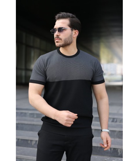 Erkek Renk Bloklu Bisiklet Yaka Kısa Kollu Triko Tişört