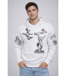 Erkek 3 İplik Pamuklu Kapüşonlu Baskılı SweatShirt Hoodie - Beyaz