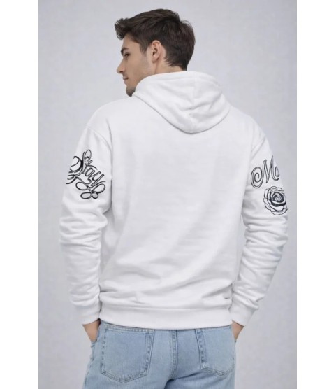 Erkek 3 İplik Pamuklu Kapüşonlu Baskılı SweatShirt Hoodie - Beyaz