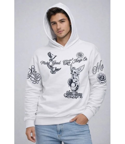 Erkek 3 İplik Pamuklu Kapüşonlu Baskılı SweatShirt Hoodie - Beyaz
