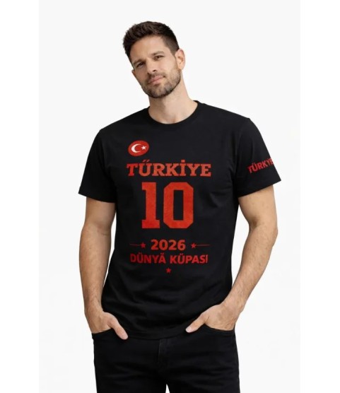 Erkek TÜRKİYE Baskılı Tişört 2026 Dünya Kupası Taraftar Forma T-Shirt - Siyah