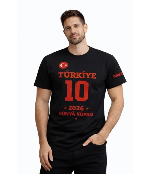 Erkek TÜRKİYE Baskılı Tişört 2026 Dünya Kupası Taraftar Forma T-Shirt - Siyah