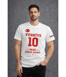 Erkek TÜRKİYE Baskılı Tişört 2026 Dünya Kupası Taraftar Forma T-Shirt - Beyaz