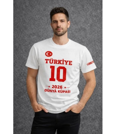 Erkek TÜRKİYE Baskılı Tişört 2026 Dünya Kupası Taraftar Forma T-Shirt - Beyaz