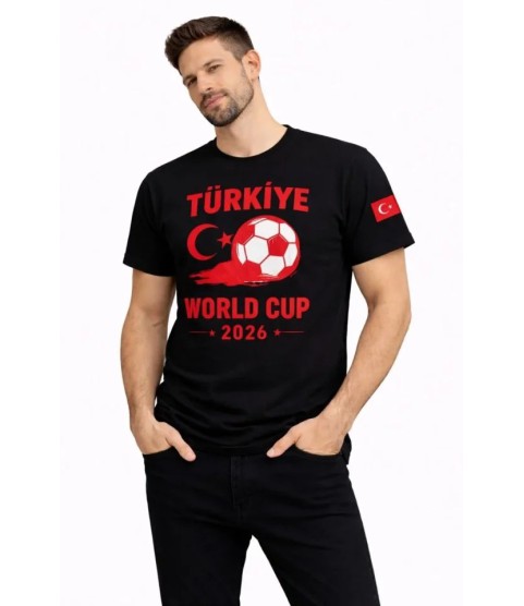 Erkek Türkiye World Cup 2026 Baskılı Tişört Futbol Temalı Forma T-Shirt - Siyah