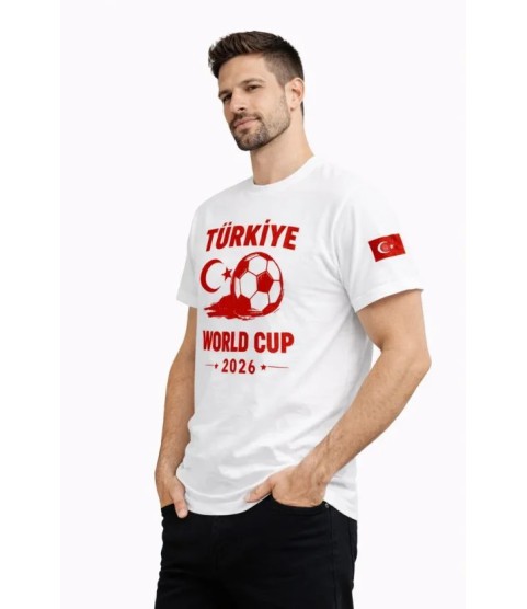 Erkek Türkiye World Cup 2026 Baskılı Tişört Futbol Temalı Forma T-Shirt - Beyaz