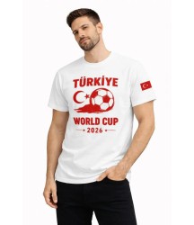 Erkek Türkiye World Cup 2026 Baskılı Tişört Futbol Temalı Forma T-Shirt - Beyaz