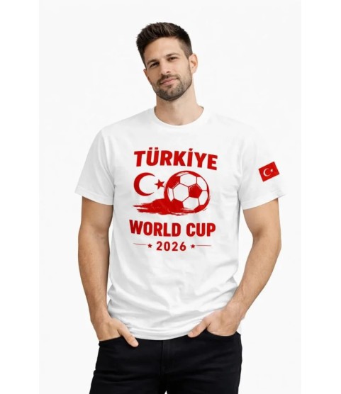 Erkek Türkiye World Cup 2026 Baskılı Tişört Futbol Temalı Forma T-Shirt - Beyaz