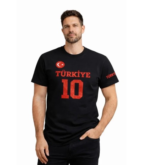 Erkek TÜRKİYE Ay Yıldız Baskılı 10 Numara Forma Tişört Taraftar T-Shirt - Siyah